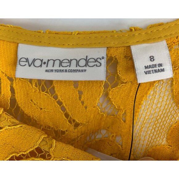 NWT Eva Mendes NY & Co 8 Mustard Lace Overlay Midi SL Dress Ruffle Hem 6828 - Picture 8 of 12